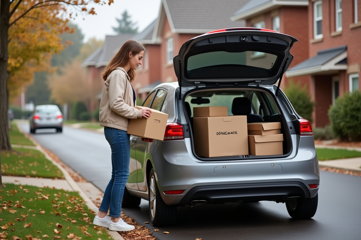 Jeune femme chargeant une voiture pour un déménagement