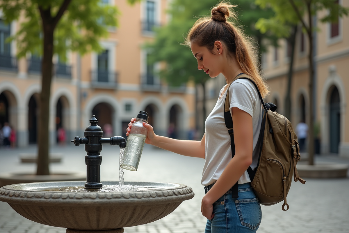 Jeune femme voyageant en ville avec sac recyclé et gourde