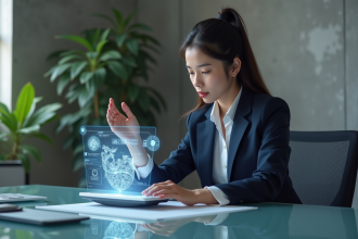Jeune femme ingénieur interagit avec hologramme dans un bureau moderne