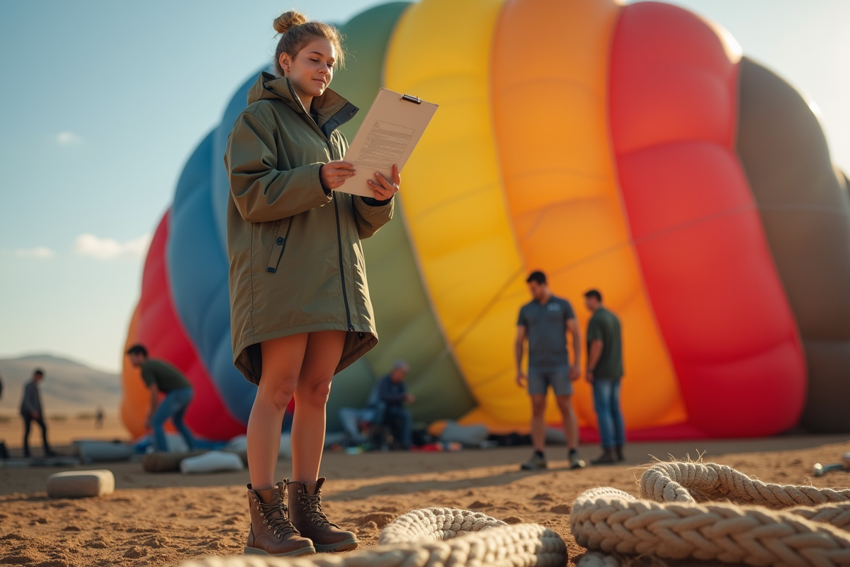 Jeune femme en tenue de sport vérifiant la montgolfière en préparation