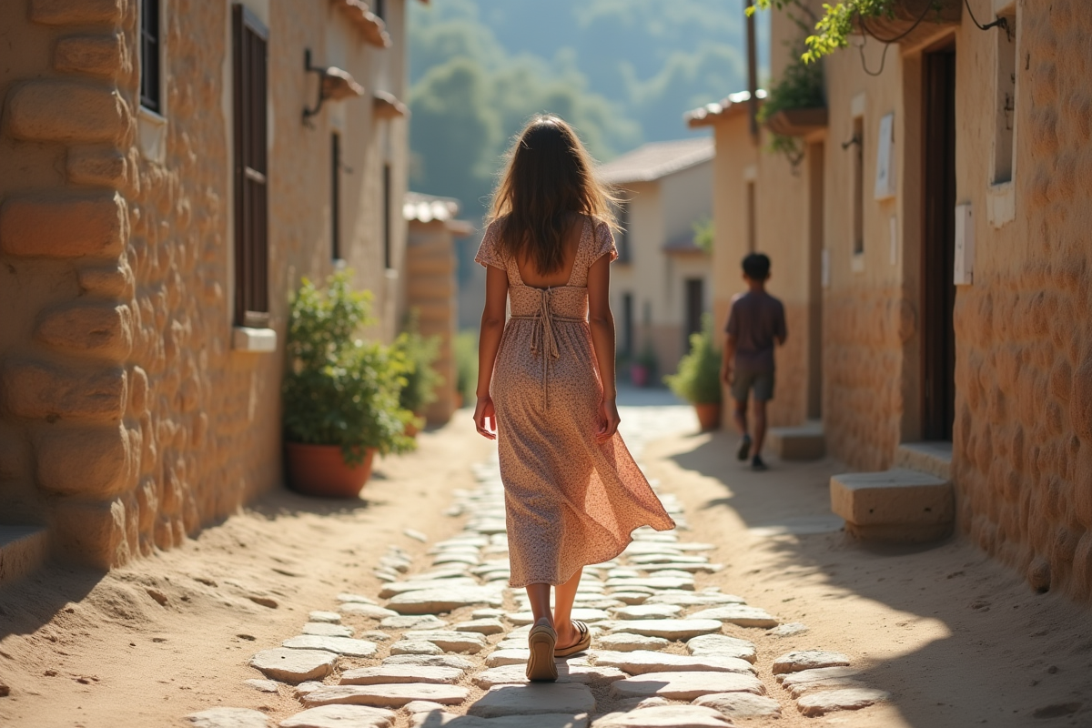Jeune femme explorant un village avec maisons en pierre