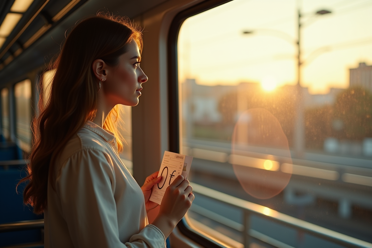 Jeune femme regardant par la fenêtre dans un train avec ticket zero euro