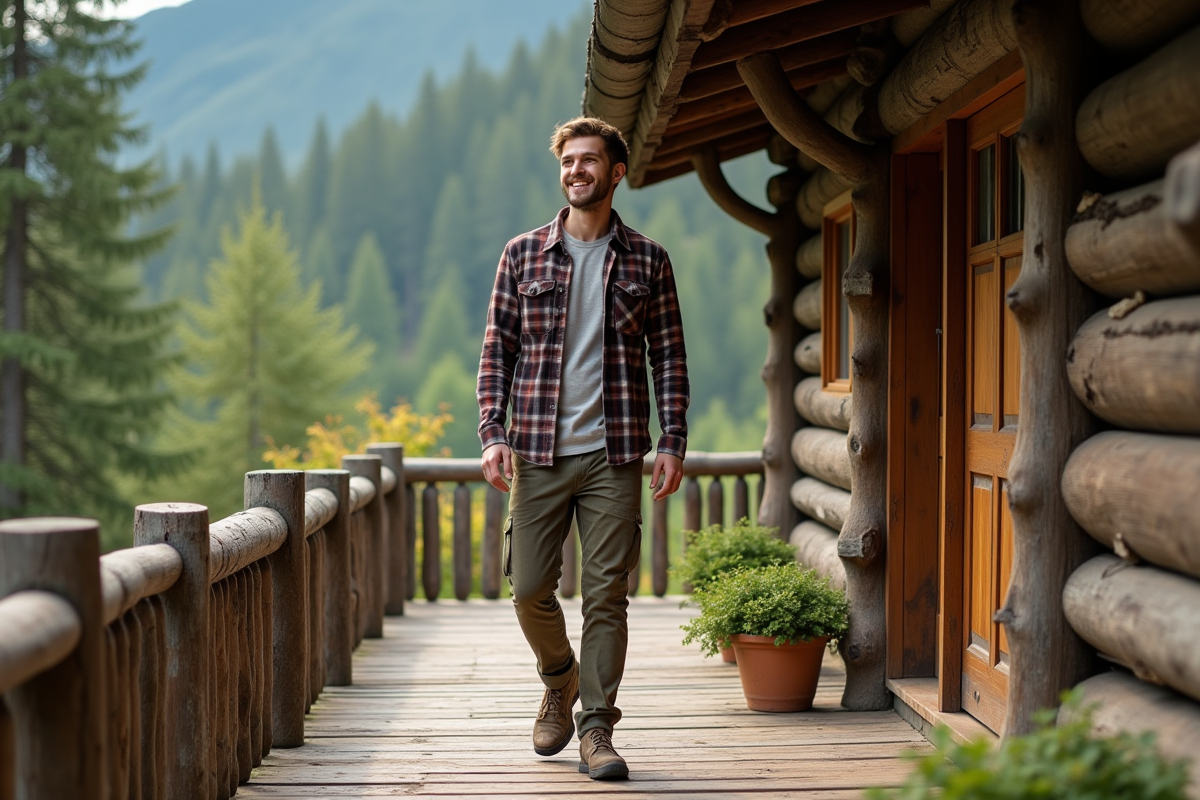 Jeune homme en plein air sur le porche d