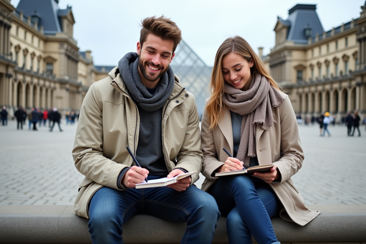 Jeunes adultes esquissant dans la cour du Louvre