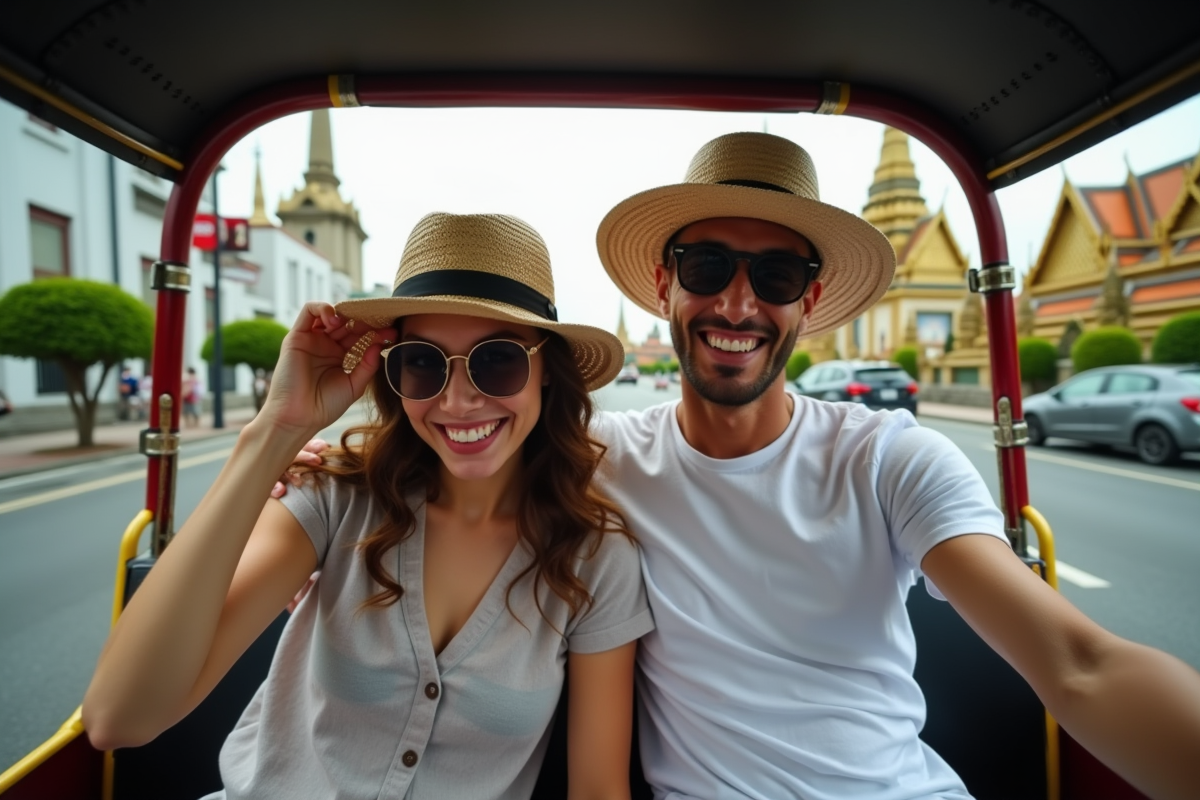 Jeunes touristes dans un tuk tuk à Bangkok avec le Grand Palace