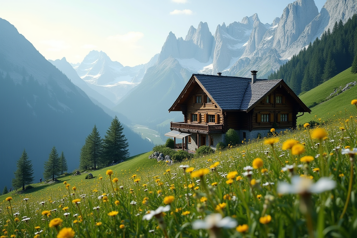 Maison alpine en bois sur une pente verte au matin