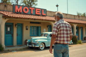 Homme en jeans devant un motel français vintage