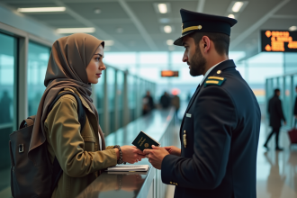 Jeune femme en hijab au contrôle passport à l'aéroport