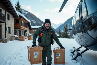 Pilote de helicoptere déchargeant des caisses en montagne enneigée