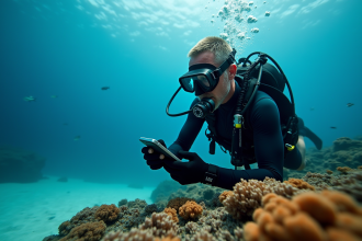 Plongeur homme vérifiant son ordinateur sous l'eau