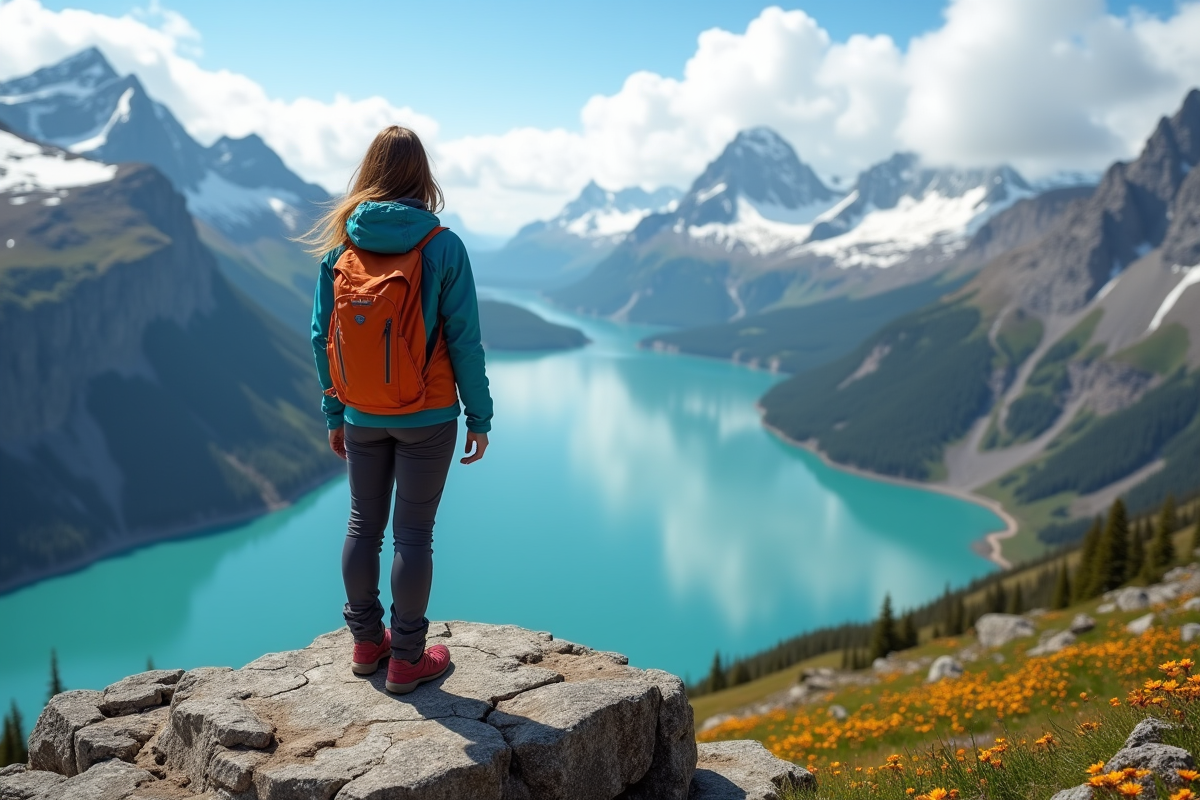 Jeune femme en randonnée sur un sommet alpin avec vue sur glaciers et fleurs