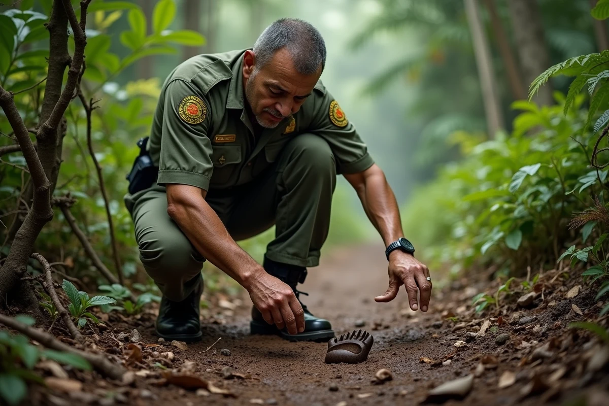 Randonneur cubain examine une empreinte de ours dans la jungle