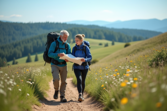 Homme et femme en randonnée dans la nature