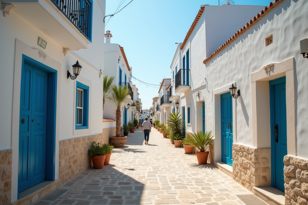 Rue étroite en village chypriote avec maisons blanches et volets bleus