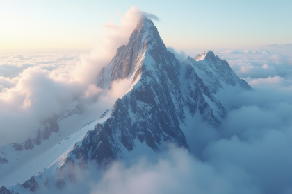 Sommet enneige avec nuages et grimpeurs en haut