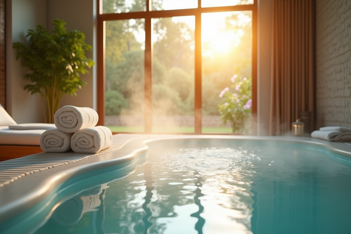 Salle de spa privée avec jacuzzi et vue sur jardin
