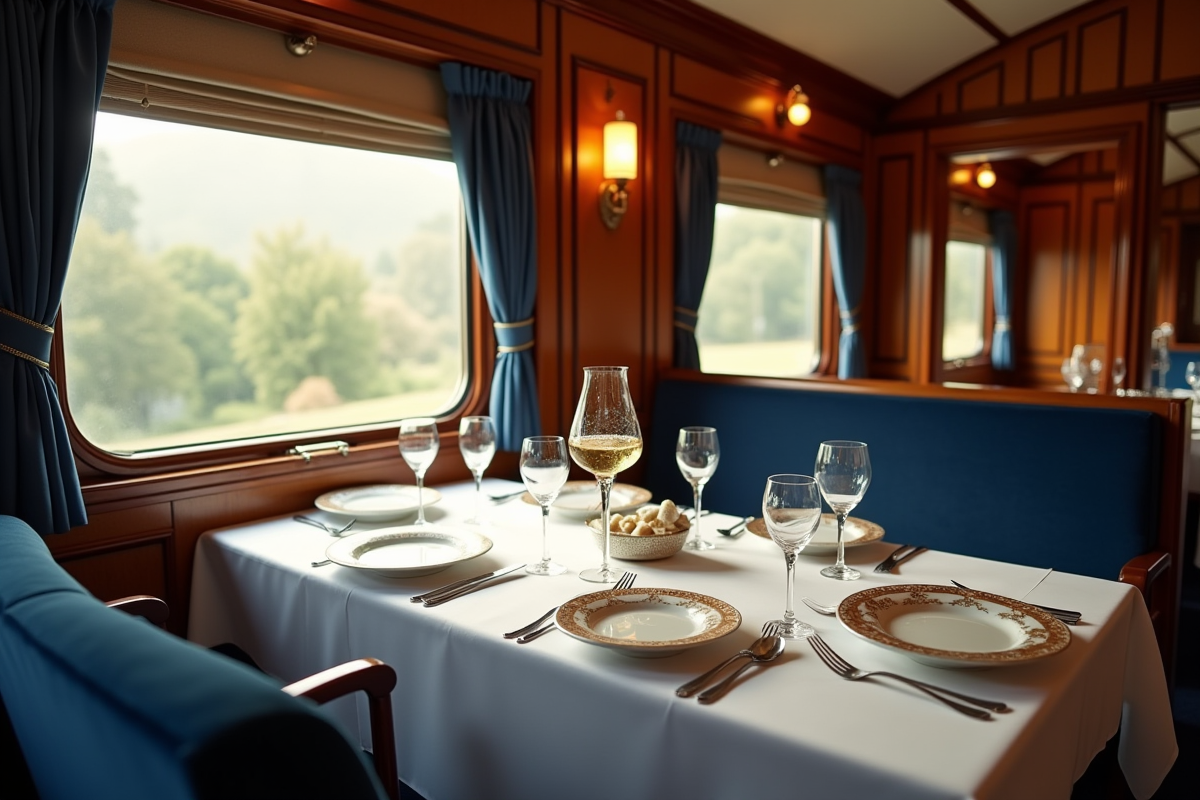 Table élégante dans un wagon Orient Express avec vaisselle raffinée