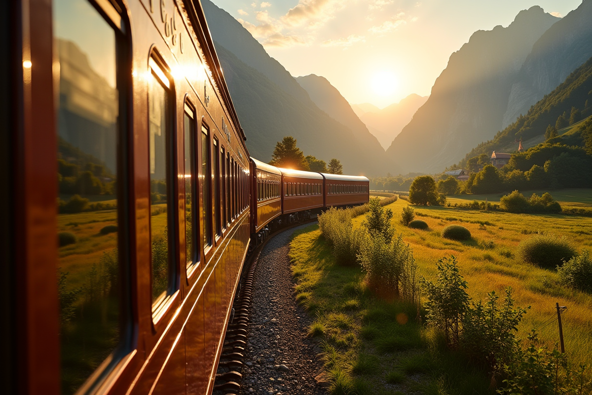 Train Orient Express voyageant en campagne européenne ensoleillée