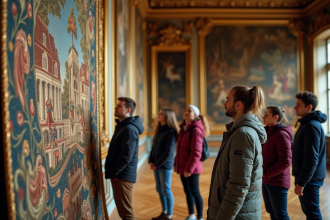 Groupe de visiteurs admirant une tapisserie dans un château français