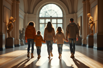Groupe de visiteurs explorant un ancien musee en famille