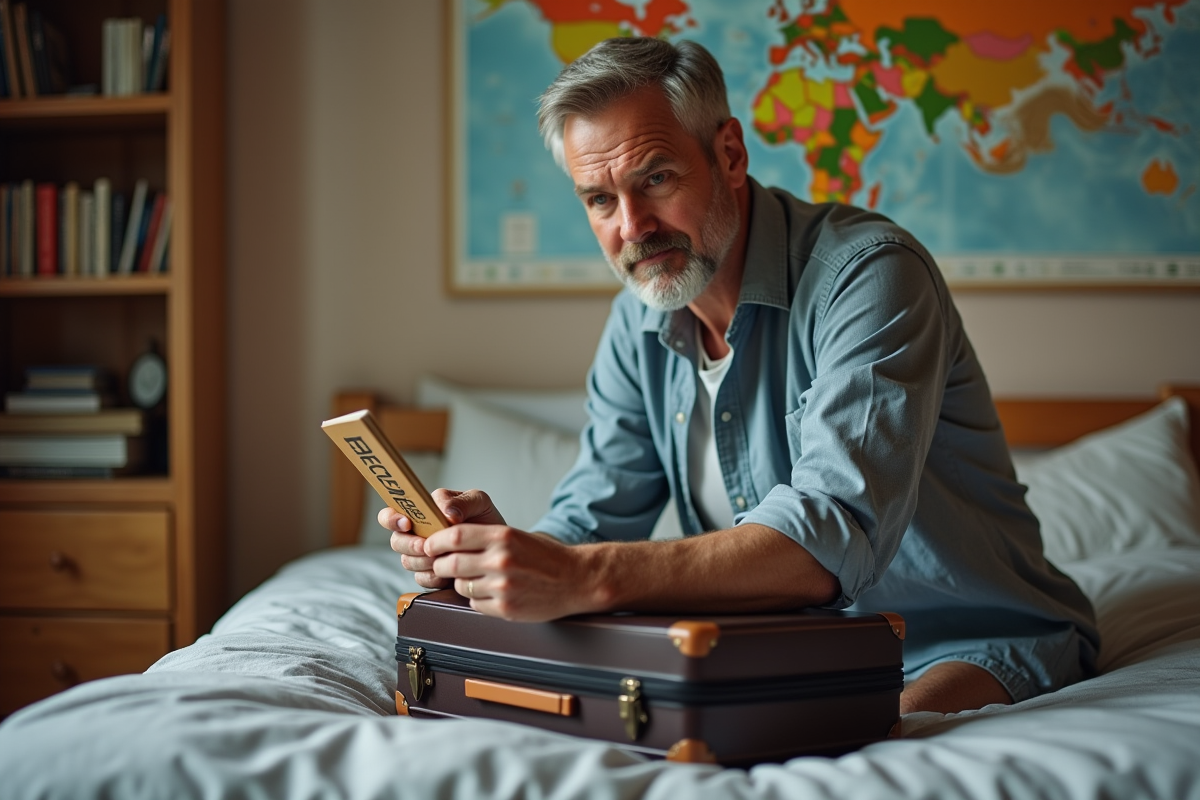 Homme préparant son voyage avec passeport et checklist