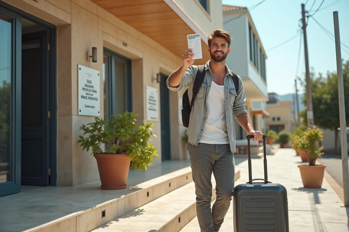 Jeune voyageur avec reçu et passeport devant guesthouse grecque