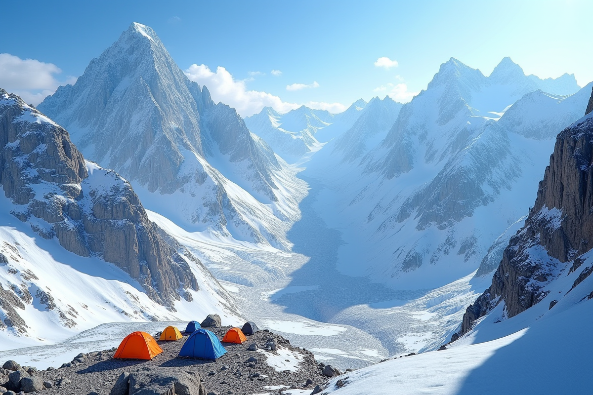 Vaste vue d une chaine de montagnes enneigees avec camp